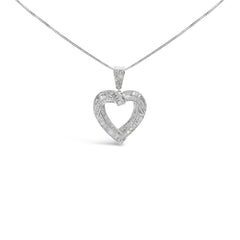 .925 Sterling Silver 1.00 Cttw Baguette and Round Diamond Open Heart Pendant Necklace