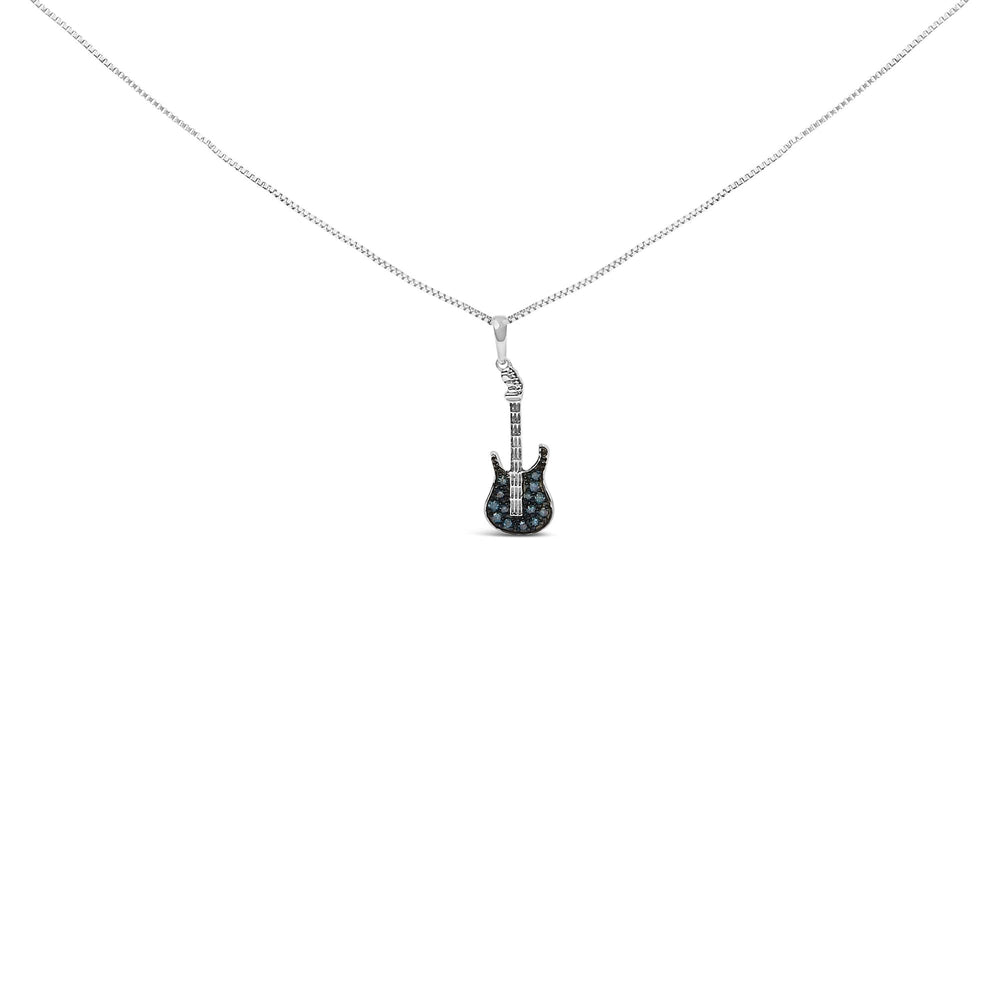 925 Sterling Silver 1/10 Cttw Treated Diamond Guitar 18" Pendant Necklace (Blue Color, I2-I3 Clarity)