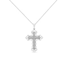 .925 Sterling Silver 1/4 Cttw Round Cut Diamond Art Deco Style Cross 18" Pendant Necklace (J-K Color, I2-I3 Clarity)