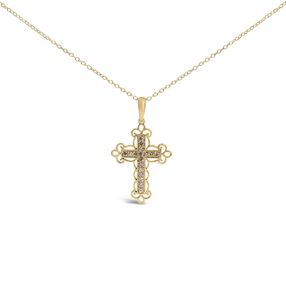 10K Yellow Flashed .925 Sterling Silver 1/4 Cttw Champagne Diamond Filigree Cross Pendant Necklace (K-L Color, I1-I2 Clarity) - 18"