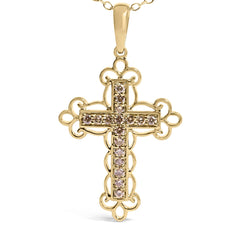 10K Yellow Flashed .925 Sterling Silver 1/4 Cttw Champagne Diamond Filigree Cross Pendant Necklace (K-L Color, I1-I2 Clarity) - 18"