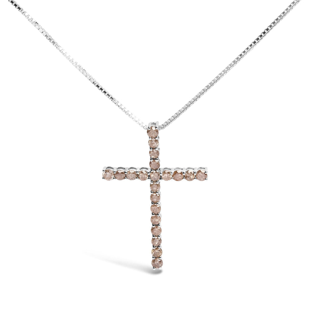 .925 Sterling Silver 1.0 Cttw Champagne Diamond Gold Cross Pendant Necklace for Women (Champagne Color, I1-I2 Clarity)- 18 inch