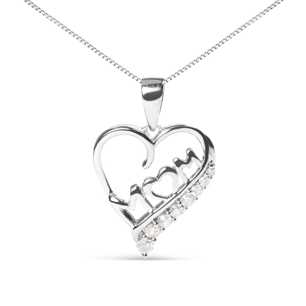 .925 Sterling Silver 1/4 Cttw Diamond "Mom" and Open Heart 18" Pendant Necklace (I-J Color, I2-I3 Clarity)