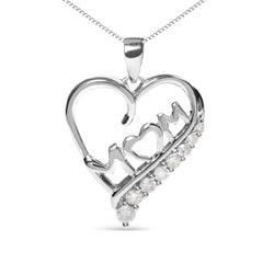 .925 Sterling Silver 1/4 Cttw Diamond "Mom" and Open Heart 18" Pendant Necklace (I-J Color, I2-I3 Clarity)