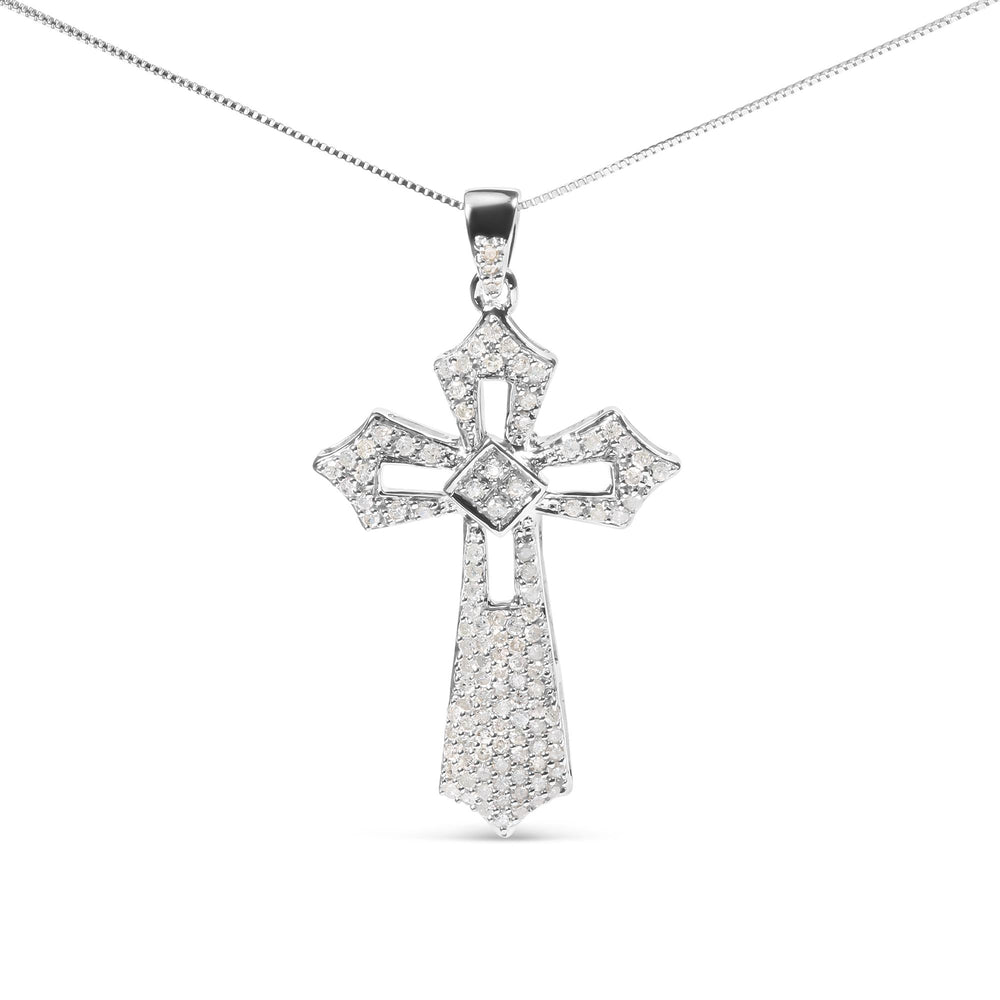.925 Sterling Silver 1.00 Cttw Diamond Fleur De Lis Cross 18" Pendant Necklace (H-I Color, I2-I3 Clarity)