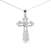 .925 Sterling Silver 1.00 Cttw Diamond Fleur De Lis Cross 18" Pendant Necklace (H-I Color, I2-I3 Clarity)
