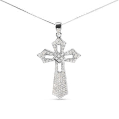 .925 Sterling Silver 1.00 Cttw Diamond Fleur De Lis Cross 18" Pendant Necklace (H-I Color, I2-I3 Clarity)