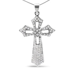 .925 Sterling Silver 1.00 Cttw Diamond Fleur De Lis Cross 18" Pendant Necklace (H-I Color, I2-I3 Clarity)