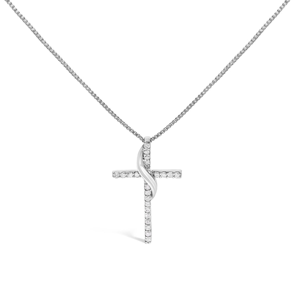 .925 Sterling Silver 1/4 Cttw Diamond Ribbon Swirl over Cross Pendant Necklace (H-I Color, I2-I3 Clarity) - 18" Inches