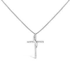 .925 Sterling Silver 1/4 Cttw Diamond Ribbon Swirl over Cross Pendant Necklace (H-I Color, I2-I3 Clarity) - 18" Inches