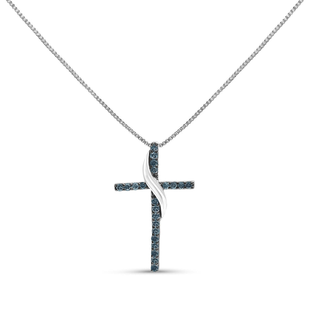 .925 Sterling Silver 1/4 Cttw Blue Diamond Ribbon Swirl over Cross Pendant Necklace (Blue Color, I2-I3 Clarity) - 18" Inches