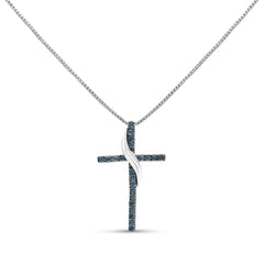 .925 Sterling Silver 1/4 Cttw Blue Diamond Ribbon Swirl over Cross Pendant Necklace (Blue Color, I2-I3 Clarity) - 18" Inches