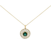 14K Yellow Gold Plated Sterling Silver 8mm Lab Created Emerald Sunburst Medallion Pendant Necklace