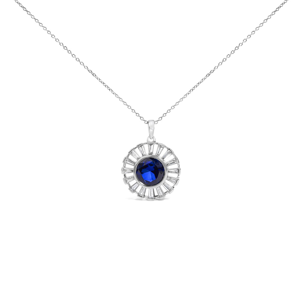 Sterling Silver Created Blue Sapphire and Diamond Medallion Pendant Necklace