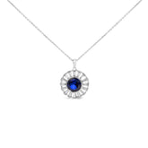 Sterling Silver Created Blue Sapphire and Diamond Medallion Pendant Necklace