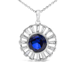 Sterling Silver Created Blue Sapphire and Diamond Medallion Pendant Necklace