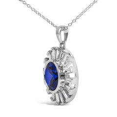 Sterling Silver Created Blue Sapphire and Diamond Medallion Pendant Necklace