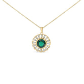 14K Yellow Gold Plated Sterling Silver Lab Created Emerald and Baguette Diamond Sunburst Medallion Pendant Necklace
