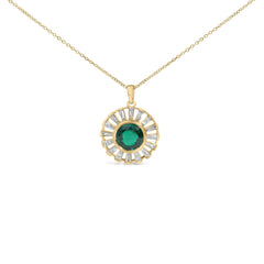 14K Yellow Gold Plated Sterling Silver Lab Created Emerald and Baguette Diamond Sunburst Medallion Pendant Necklace