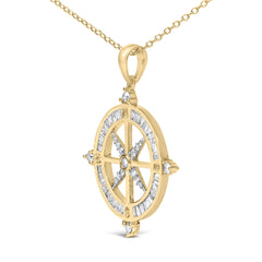 14K Yellow Gold Plated Sterling Silver 3/4 Cttw Diamond Compass Medallion Pendant Necklace