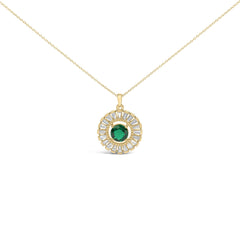 14K Yellow Gold Plated Silver Created Emerald and Diamond Sunburst Medallion Pendant Necklace
