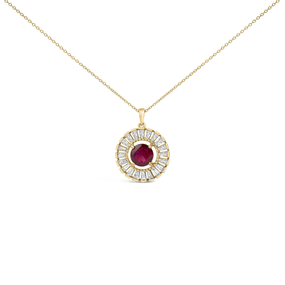 14K Yellow Gold Plated Sterling Silver Created Red Ruby and Diamond Medallion Pendant Necklace