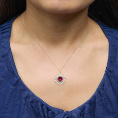 14K Yellow Gold Plated Sterling Silver Created Red Ruby and Diamond Medallion Pendant Necklace