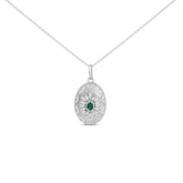 Sterling Silver Created Emerald and 1/2 Cttw Diamond Sunburst Medallion Pendant Necklace