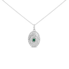 Sterling Silver Created Emerald and 1/2 Cttw Diamond Sunburst Medallion Pendant Necklace