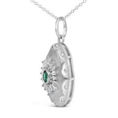 Sterling Silver Created Emerald and 1/2 Cttw Diamond Sunburst Medallion Pendant Necklace