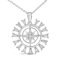 Sterling Silver 1/2 Cttw Diamond Starburst Compass Medallion Pendant Necklace