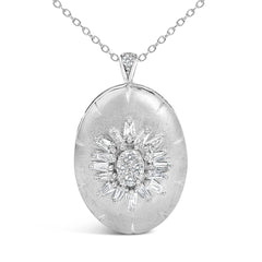 Sterling Silver 3/8 Cttw Diamond Puffed Oval Medallion Pendant Necklace