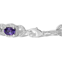 Sterling Silver Oval Purple Amethyst and Diamond Interlocking Halo Link Bracelet