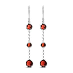 .925 Sterling Silver Graduating Bezel Set Red Garnet Dangle Earring