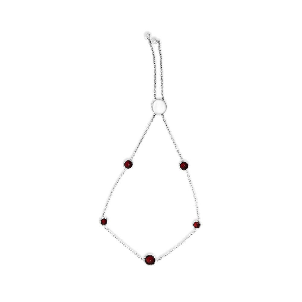 .925 Sterling Silver Bezel Set Red Garnet 5 Station Adjustable Bolo Bracelet