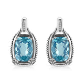 .925 Sterling Silver 14x10MM Cushion Cut Blue Topaz Gemstone and Diamond Accent Dangle Earring (I-J Color, I1-I2 Clarity)