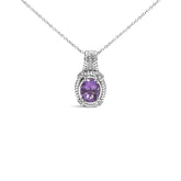 .925 Sterling Silver 9x7mm Oval Purple Amethyst and Round Diamond Accent Fashion Drop Pendant 18 Inch Necklace (I-J Color, I1-I2 Clarity)