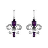 .925 Sterling Silver Marquise Cut Amethyst and Diamond Accent Fleur De Lis Dangle Stud Earrings (H-I Color, SI1-SI2 Clarity)