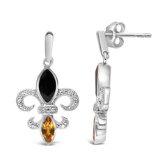 .925 Sterling Silver Marquise Cut Onyx and Citrine with Diamond Accent Fleur De Lis Drop Stud Earrings (H-I Color, SI1-SI2 Clarity)