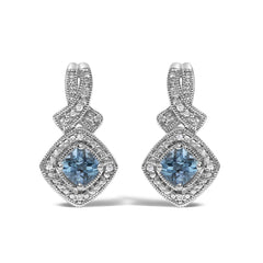 Sterling Silver Cushion Cut Blue Topaz and Diamond Accent Twist Motif Dangle Earrings