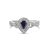 .925 Sterling Silver 6x4mm Pear Sapphire Gemstone with Diamond Accent Fashion Halo Ring