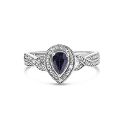 .925 Sterling Silver 6x4mm Pear Sapphire Gemstone with Diamond Accent Fashion Halo Ring
