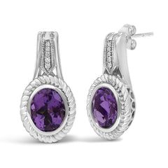 Sterling Silver Oval Purple Amethyst and Diamond Accent Rope Design Drop Earrings