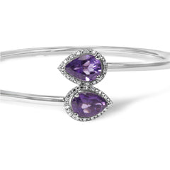 .925 Sterling Silver 8 x 5.5mm Pear Shape Amethyst and Diamond Accent Halo Bypass Bangle Bracelet (H-I Color, SI1-SI2 Clarity) - Fits up to 7" Inches