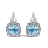 Sterling Silver Cushion Cut Blue Topaz and Diamond Accent Geometric Dangle Earrings