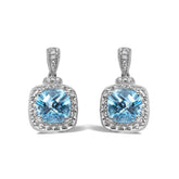 Sterling Silver 8x8mm Cushion Cut Blue Topaz and Diamond Accent Drop Earrings