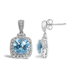 Sterling Silver 8x8mm Cushion Cut Blue Topaz and Diamond Accent Drop Earrings
