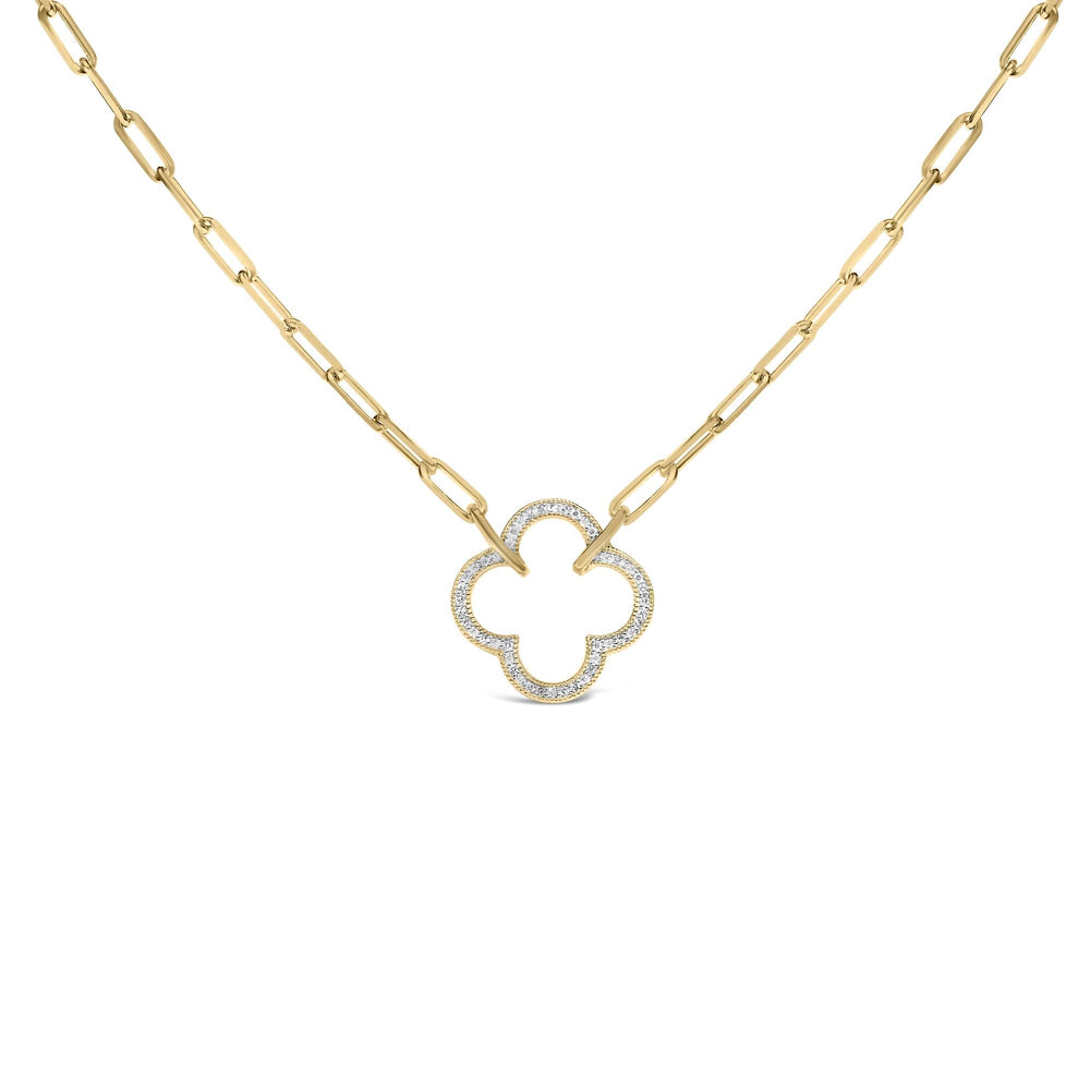 Gold Vermeil 1/10 Cttw Diamond Paperclip Chain Clover Pendant Necklace