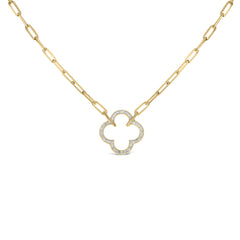 Gold Vermeil 1/10 Cttw Diamond Paperclip Chain Clover Pendant Necklace