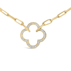 Gold Vermeil 1/10 Cttw Diamond Paperclip Chain Clover Pendant Necklace